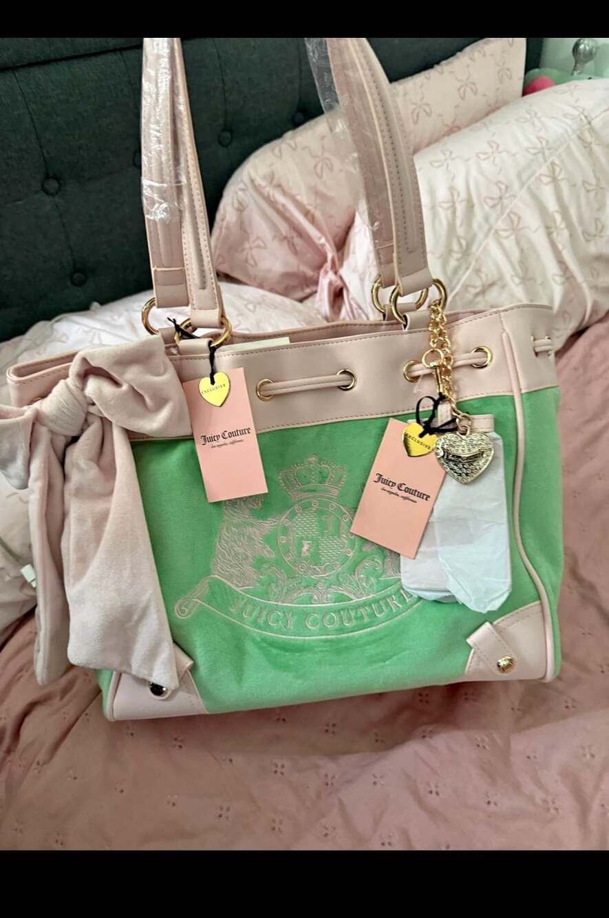 Juicy Couture Classic Scottie Dogs Daydreamer Tote Bag Retro Green and Pink